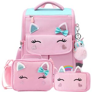 ao ali victory unicorn backpack for girls with lunch box set kawaii kids toddler bookbags cute kindergarten preschool elementary school bag (large, pink set-3 pcs)
