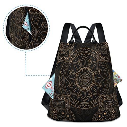 ALAZA Boho Flower Goledn Mandala Floral Women Backpack Anti Theft Back Pack Shoulder Fashion Bag Purse