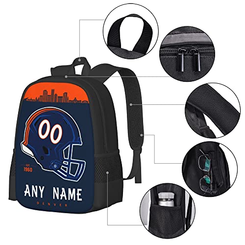 Custom Personalized Backpacks,Denver Football Backpack with Name and Number, Customized Soccer Backpacks Gifts for Men Women Youth