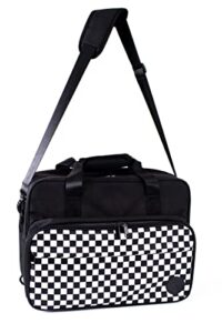 versatex black and white checkered, waterproof, portable, recharging, charging port, laptop bag, backpack with adjustable straps, expandable compartment, comfortable, strap sleeve