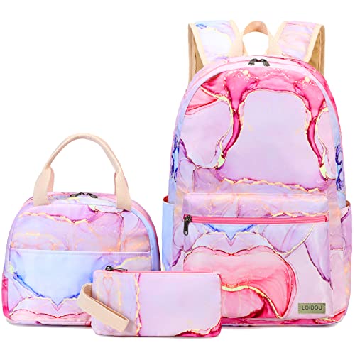 LOIDOU Backpack for Teen Girls Bookbags School Backpack with Lunch Box and Pencil Case 3 in 1 School Bags Set (Pink)