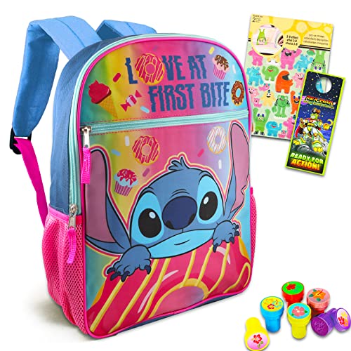 Disney Bundle Stitch School Supplies Bundle Lilo and Stitch School Bag Set - 4 Pc Stitch Backpack for Girls with Monster Stickers, Hibiscus Stampers, and More (Stitch School Backpack)