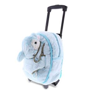 dollibu dolphin plush trolley and purse set – 3-in-1 kids trolley, backpack, blue dolphin purse, soft plush backpack on wheels, school rolling bag with removable plush toy- 15″