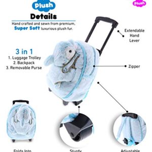 DolliBu Dolphin Plush Trolley and Purse Set - 3-in-1 Kids Trolley, Backpack, Blue Dolphin Purse, Soft Plush Backpack on Wheels, School Rolling Bag with Removable Plush Toy- 15"