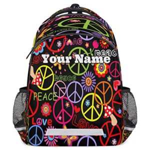 custom rainbow peace sign backpack for men women with name personalized peace love heart flower school bookbag backpacks customized travel casual daypack laptop bag