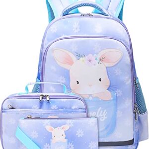 Backpacks for Girls Bunny Backpack Kids School Backpack With Lunch Box, Pencil Case, 3 in 1 Bookbag Set Preschool Kindergarten Elementary Backpack for Age 3+ (Purple Rabbit)