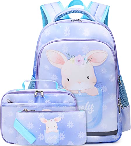 Backpacks for Girls Bunny Backpack Kids School Backpack With Lunch Box, Pencil Case, 3 in 1 Bookbag Set Preschool Kindergarten Elementary Backpack for Age 3+ (Purple Rabbit)