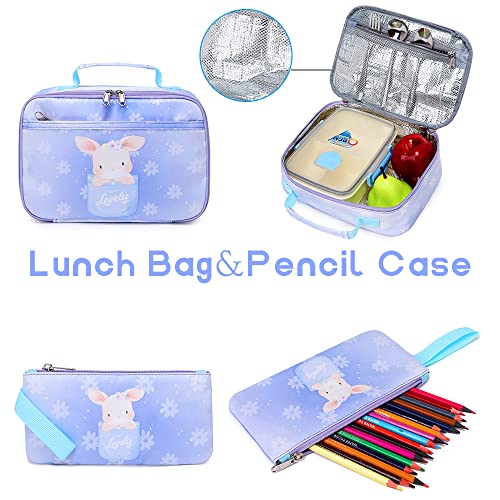 Backpacks for Girls Bunny Backpack Kids School Backpack With Lunch Box, Pencil Case, 3 in 1 Bookbag Set Preschool Kindergarten Elementary Backpack for Age 3+ (Purple Rabbit)