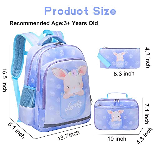 Backpacks for Girls Bunny Backpack Kids School Backpack With Lunch Box, Pencil Case, 3 in 1 Bookbag Set Preschool Kindergarten Elementary Backpack for Age 3+ (Purple Rabbit)