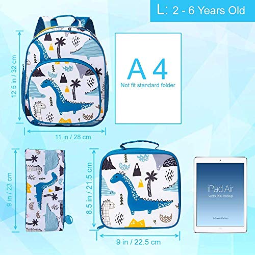 3PCS Toddler Backpack for Boys, 12.5" Dinosaur Book Bag and Lunch Box Set