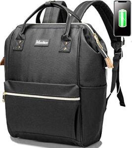 mocface laptop backpack for women,15.6 inch stylish college school backpack with usb charging port,water resistant casual daypack computer backpack for girls/nurse/teacher/travel-black