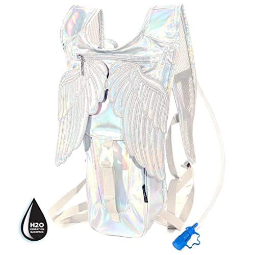 Fydelity Festival Hydration Backpack ANGEL WINGS Hydration Pack Festival Gear Retro Hydration Pack Backpack for Men and Women Hydrapak Water Backpack Festival backpack - Silver Metallic