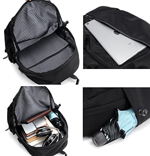 Nujenren Water Resistant Lightweight Travel Hiking Nylon Backpack Daypack Durable with USB Charging Port (Black)