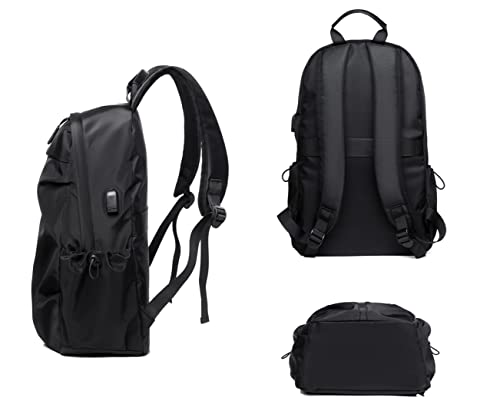 Nujenren Water Resistant Lightweight Travel Hiking Nylon Backpack Daypack Durable with USB Charging Port (Black)