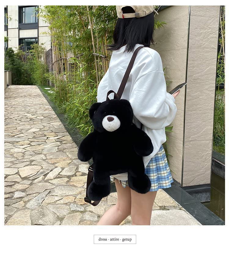 HIQUAY Cute Plush Backpack Fluffy Kawaii Bag for Girls Everyday Use (Black)