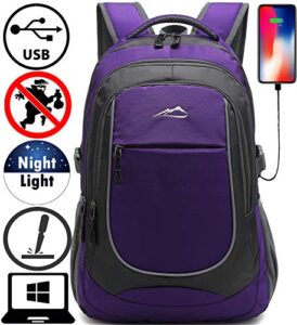 backpack for school college student sturdy bookbag travel business with usb charging port laptop compartment chest straps anti theft night light reflective (purple)