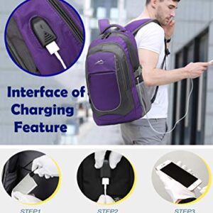 Backpack for School College Student Sturdy Bookbag Travel Business with USB Charging Port Laptop compartment Chest Straps Anti Theft Night Light Reflective (Purple)