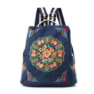 embroidered women backpack purse, fashion canvas travel anti-theft rucksack school shoulder bag (denim-deep blue)