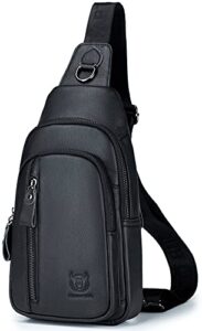 genuine leather sling bag casual chest bag travel hiking crossbody shoulder backpack vintage daypacks for men&women (black)