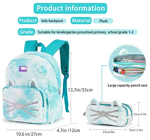 Bendopa Cat Backpack for Girls, Kids backpack Set with Pencil Case, Plush Kitty Schoolbag for Children, Furry Green