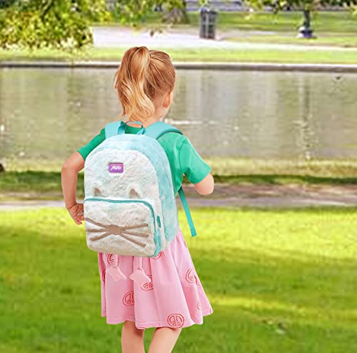 Bendopa Cat Backpack for Girls, Kids backpack Set with Pencil Case, Plush Kitty Schoolbag for Children, Furry Green