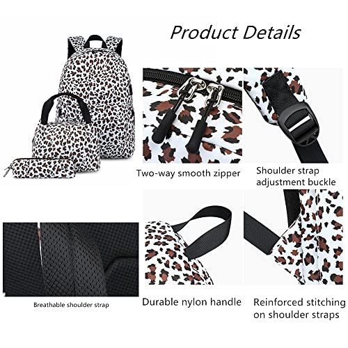 3 Pcs Girls Backpack Leopard Print School Bag Set Primary School Students Large Capacity Knapsack with Lunch Bag and Pencil Case