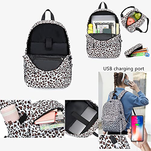 3 Pcs Girls Backpack Leopard Print School Bag Set Primary School Students Large Capacity Knapsack with Lunch Bag and Pencil Case