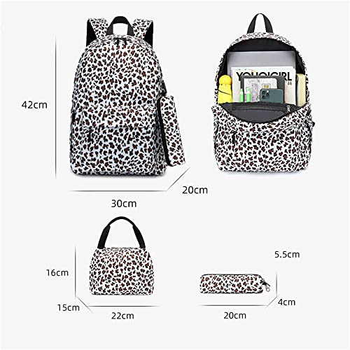 3 Pcs Girls Backpack Leopard Print School Bag Set Primary School Students Large Capacity Knapsack with Lunch Bag and Pencil Case