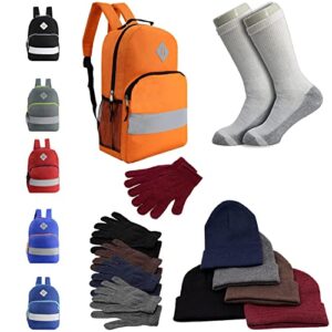 bulk case of 12 backpacks and 12 winter item sets and 12 socks – wholesale care package – emergencies, homeless, charity