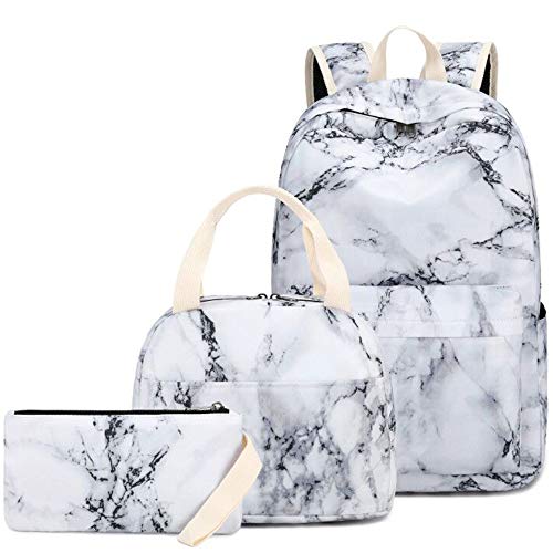 LEDAOU Backpack for Teen Girls Bookbag School Backpack Set with Lunch box and Pencil Bag Marble