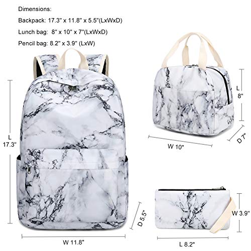 LEDAOU Backpack for Teen Girls Bookbag School Backpack Set with Lunch box and Pencil Bag Marble
