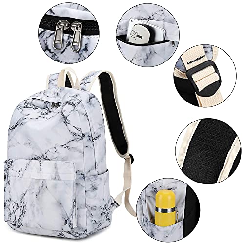 LEDAOU Backpack for Teen Girls Bookbag School Backpack Set with Lunch box and Pencil Bag Marble