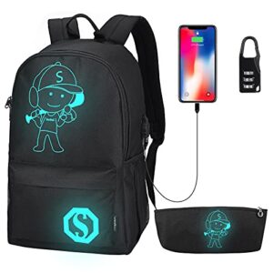 pawsky backpacks for boys, baseball anime luminous backpack with usb charging port, anti theft lock and pencil case, college school bookbag lightweight laptop bag, black