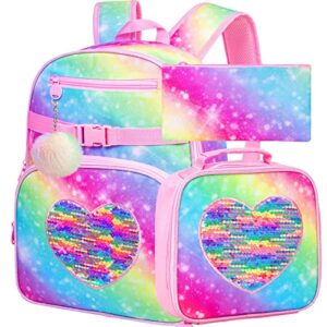 FTJCF 3PCS Backpack for Girls, 16" Cute Sequins Rainbow Kids Bookbag with Lunch Box, Elementary Preschool Kindergarten School Bag Set - Pink.