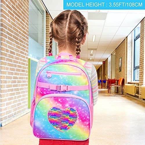 FTJCF 3PCS Backpack for Girls, 16" Cute Sequins Rainbow Kids Bookbag with Lunch Box, Elementary Preschool Kindergarten School Bag Set - Pink.