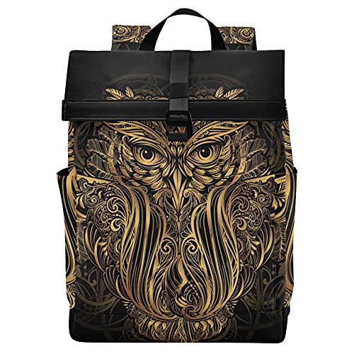 ALAZA Hand Drawn Boho Totemic Mascot Owl Large Laptop Backpack Purse for Women Men Waterproof Anti Theft Roll Top Backpack, 13 - 17.3 inch