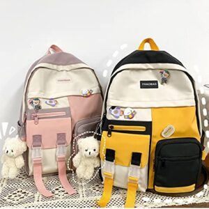 Cute Canvas Kawaii Backpack with Pins 16" Pink Aesthetic Bag Fashion Shoulder Backpack with Hanging Bear Fancy College Bags Lightweight Travel Bag (Blue And Pink)