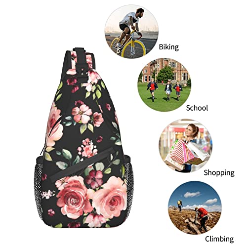 Flowers Rose Sling Bag Crossbody Backpack For Women Men Hiking Travel Over The Shoulder Bag Pouch Small Daypack Casual One Strap Pack Lightweight Cross Chest Bag Purse Outdoor Cycling