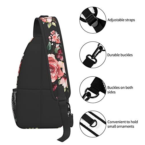 Flowers Rose Sling Bag Crossbody Backpack For Women Men Hiking Travel Over The Shoulder Bag Pouch Small Daypack Casual One Strap Pack Lightweight Cross Chest Bag Purse Outdoor Cycling