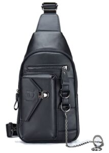 bullcaptain genuine leather sling bag for men crossbody with cellphone stand chain chest shoulder backpack daypack xb-520 (black)
