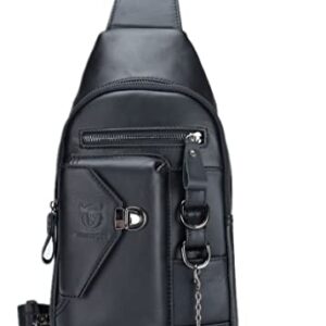 BULLCAPTAIN Genuine Leather Sling Bag for Men Crossbody with Cellphone Stand Chain Chest Shoulder Backpack Daypack XB-520 (Black)