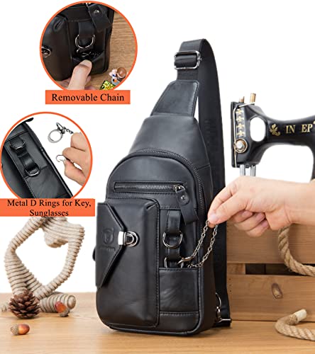 BULLCAPTAIN Genuine Leather Sling Bag for Men Crossbody with Cellphone Stand Chain Chest Shoulder Backpack Daypack XB-520 (Black)