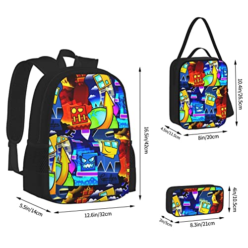 Geometry Dash Backpack Teen Bookbag Travel Daypack Boys Girls Lunch Bag Pencil Case Three-Piece Suit