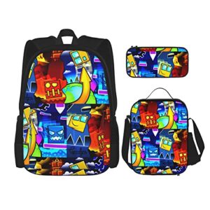 Geometry Dash Backpack Teen Bookbag Travel Daypack Boys Girls Lunch Bag Pencil Case Three-Piece Suit