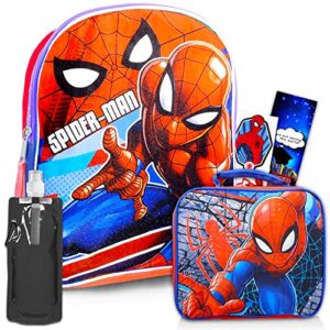 marvel spiderman backpack with lunch box ~ 5 pc bundle with 15″ spiderman school bag for boys, girls, kids, lunch bag, stickers, and more (spiderman school supplies)
