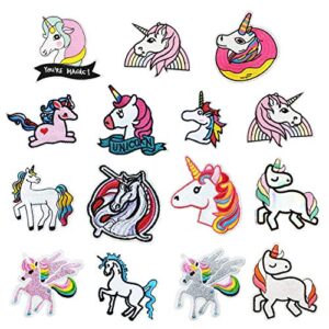 flyyee 15pcs iron on patches embroidered sew on patches set,unicorn patch applique assorted size for backpacks,clothing