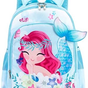 LEDAOU Kids Preschool Backpack Girls Kindergarten BookBag Primary Waterproof Galaxy School Bag 7 Pockets with Chest Strap (Mermaid Sky Blue)