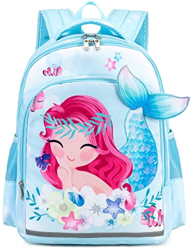 LEDAOU Kids Preschool Backpack Girls Kindergarten BookBag Primary Waterproof Galaxy School Bag 7 Pockets with Chest Strap (Mermaid Sky Blue)