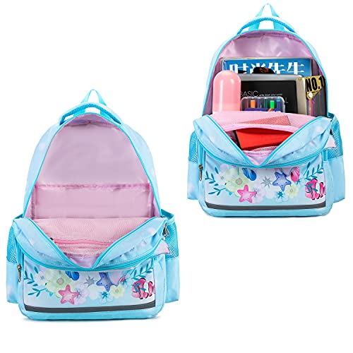 LEDAOU Kids Preschool Backpack Girls Kindergarten BookBag Primary Waterproof Galaxy School Bag 7 Pockets with Chest Strap (Mermaid Sky Blue)