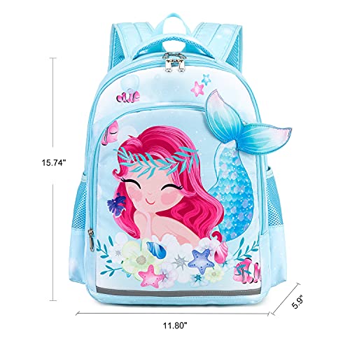 LEDAOU Kids Preschool Backpack Girls Kindergarten BookBag Primary Waterproof Galaxy School Bag 7 Pockets with Chest Strap (Mermaid Sky Blue)